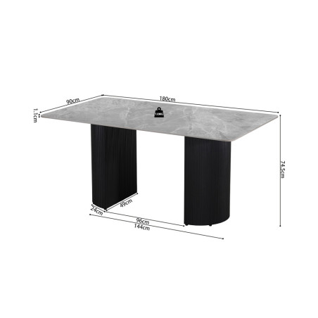 LAZULI, table à manger 180 cm - plateau pierre frittée - pieds en métal noir - 2 finitions