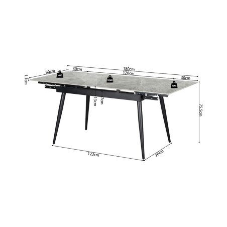 HEMATITE, table extensible 120 à 180 cm - plateau pierre frittée - avec allonges - 2 finitions