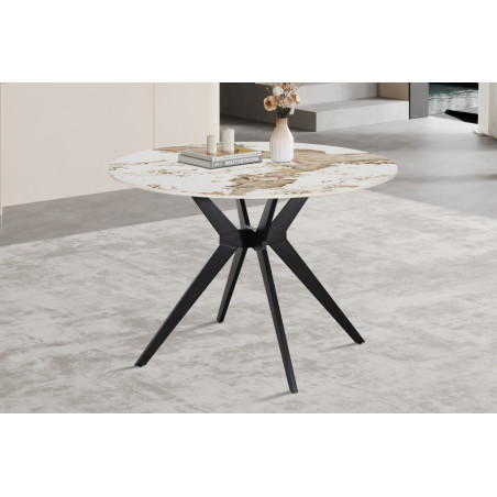 ALBATRE, table à manger ronde - plateau pierre frittée - pieds en métal noir - 2 tailles - 6 finitions