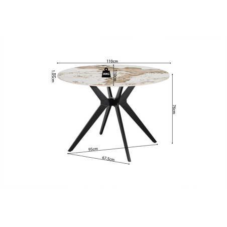 ALBATRE, table à manger ronde - plateau pierre frittée - pieds en métal noir - 2 tailles - 6 finitions