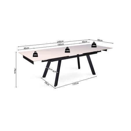 HORIZON, table extensible 160 à 240 cm - plateau pierre frittée - avec allonges - pieds en métal noir - 3 finitions