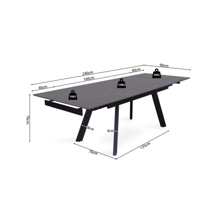 HORIZON, table extensible 160 à 240 cm - plateau pierre frittée - avec allonges - pieds en métal noir - 3 finitions