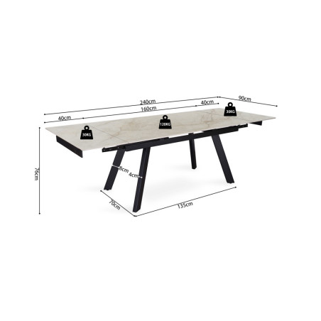 HORIZON, table extensible 160 à 240 cm - plateau pierre frittée - avec allonges - pieds en métal noir - 3 finitions