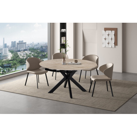 AMETHYSTE, table extensible ronde 140 cm - plateau pierre frittée - avec allonges - 2 finitions