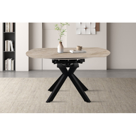 AMETHYSTE, table extensible ronde 140 cm - plateau pierre frittée - avec allonges - 2 finitions