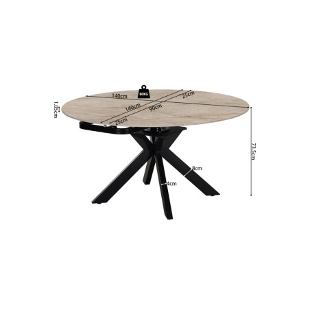 AMETHYSTE, table extensible ronde 140 cm - plateau pierre frittée - avec allonges - 2 finitions