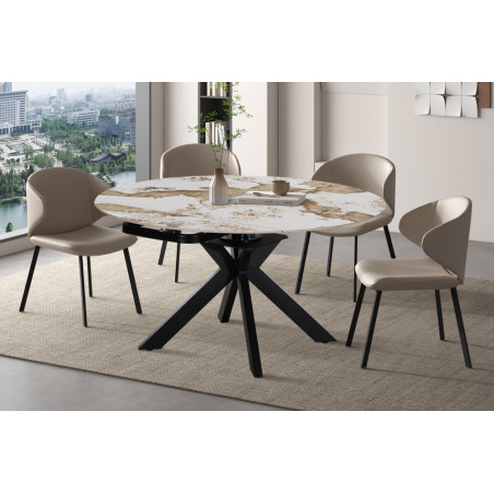 AMETHYSTE, table extensible ronde 140 cm - plateau pierre frittée - avec allonges - 2 finitions