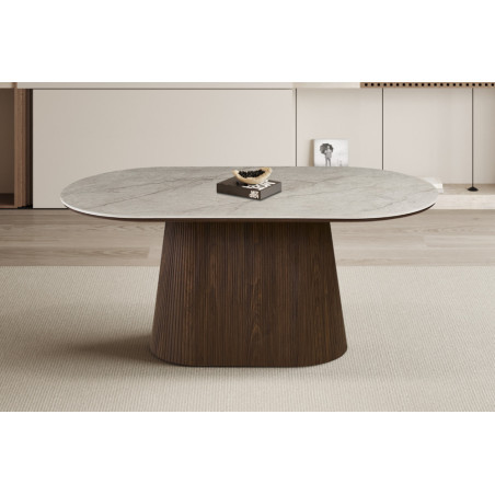 VALDORA, table à manger ovale 180 cm - plateau pierre frittée - pieds en métal noir - 2 finitions