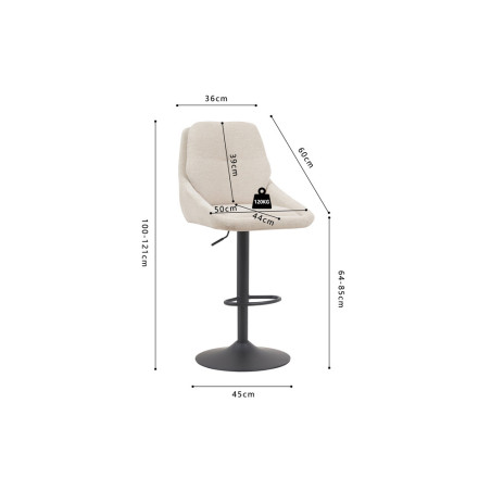 SABLON, chaise de bar hauteur 100-121 cm - tissu doux - assise pivotante - 5 coloris