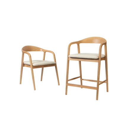CLEMATITE, chaise de comptoir hauteur 94,5 cm - bois massif et tissu - 2 coloris