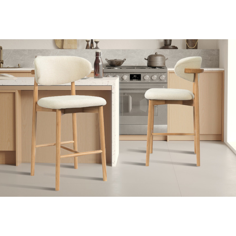 CAPELINE, chaise de comptoir hauteur 97 cm - bois massif et tissu - 2 coloris