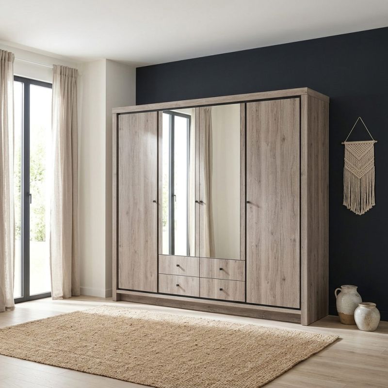 Armoire 230 cm GREGORY avec 4 portes dont 2 portes miroirs et 4 tiroirs