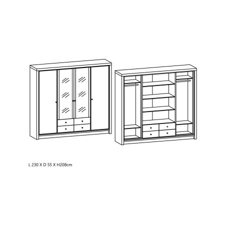Armoire 230 cm GREGORY avec 4 portes dont 2 portes miroirs et 4 tiroirs