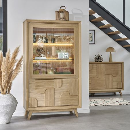 Vitrine RIVAGE 4 portes - Chêne ton brut, décor gouge - Girardeau