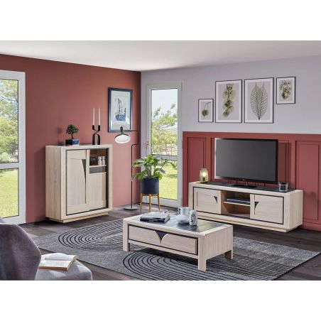 Meuble TV FARO 170 cm - Chêne et céramique grise - Girardeau