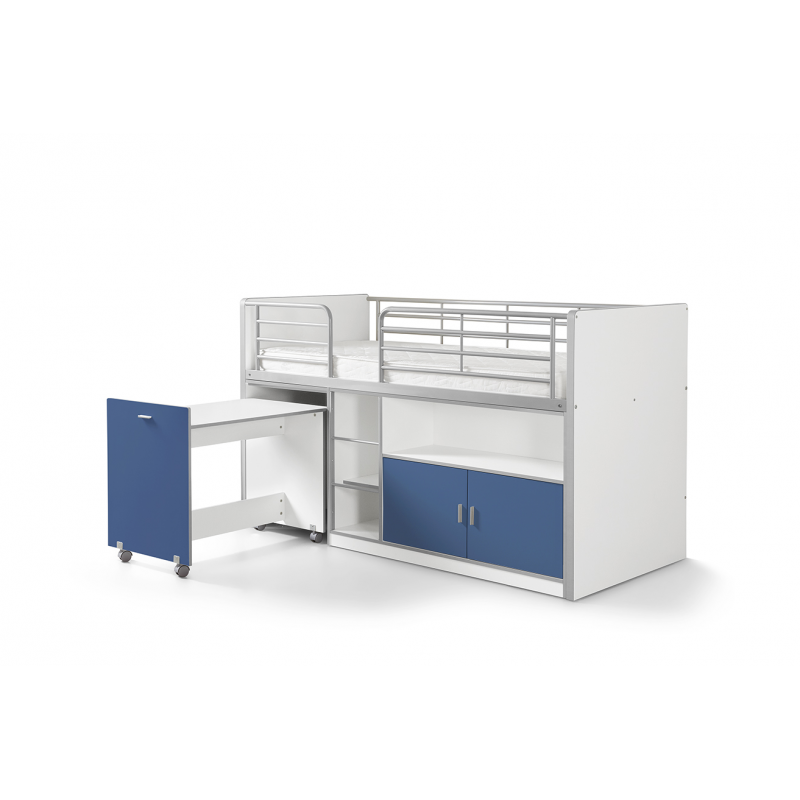 Lit combiné Dany avec bureau à roulettes blanc et bleu