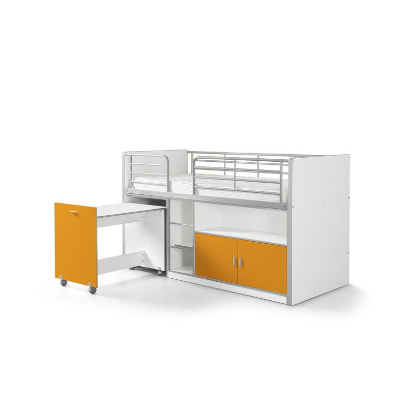 Lit combiné Dany avec bureau à roulettes blanc et orange