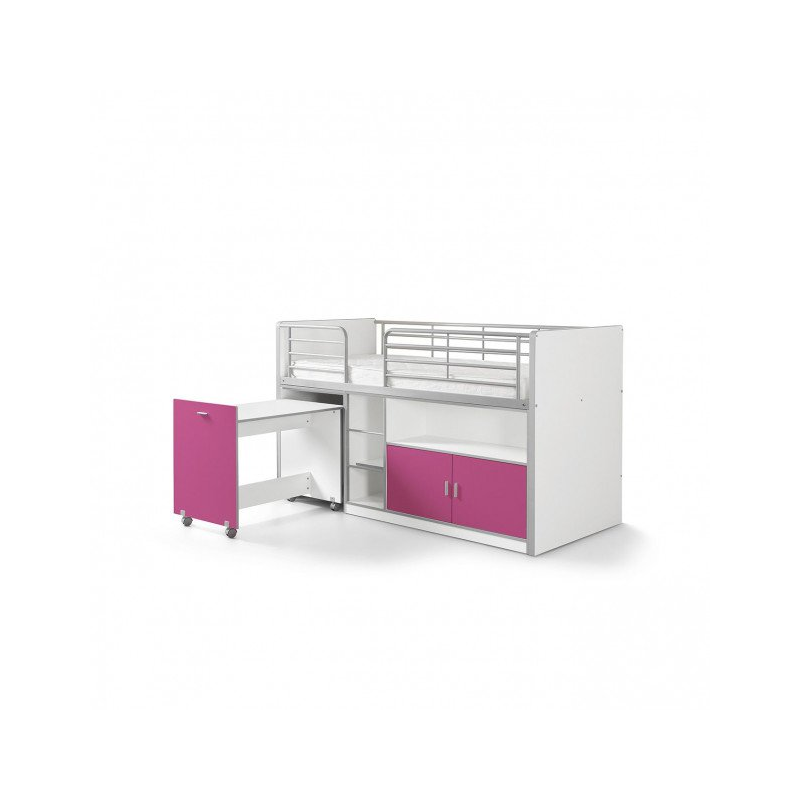 Lit combiné Dany avec bureau à roulettes blanc et fuchsia