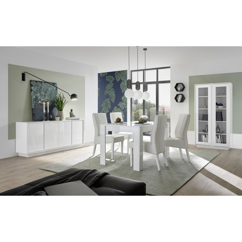 Salle à manger complète avec vitrine Rocket White en blanc brillant