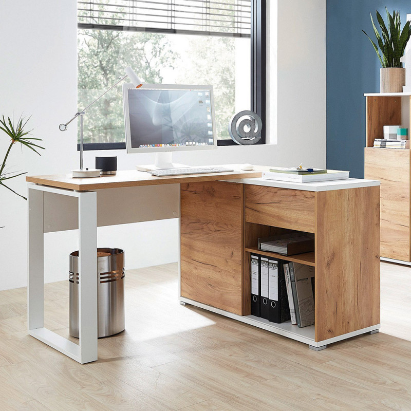 Bureau d'angle LEON en décor chêne navarra et blanc