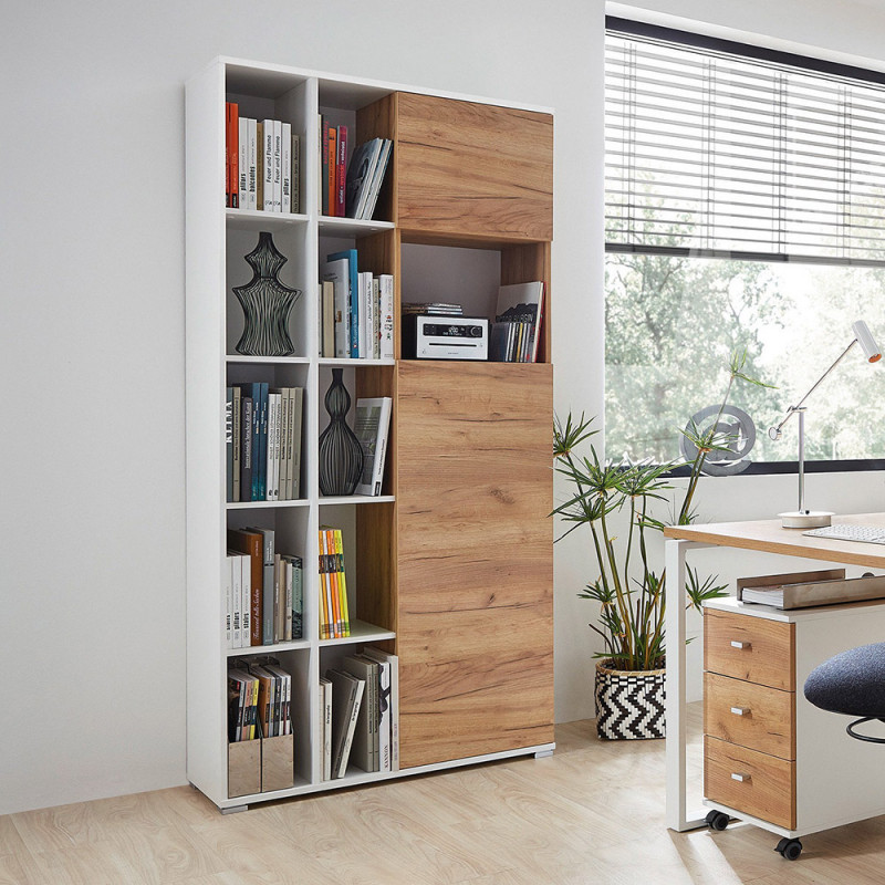 Armoire de bureau LEON en décor chêne navarra et blanc