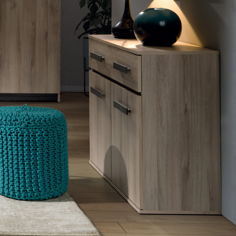 Commode CALLISTO en décor chêne clair avec 1 tiroir et 2 portes