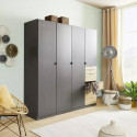 Armoire KENORA avec 4 portes et 5 tiroirs en décor gris mat et chene artisan