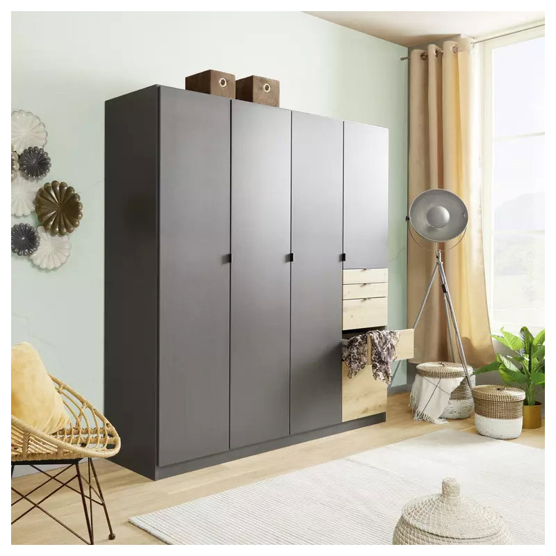 Armoire KENORA avec 4 portes et 5 tiroirs en décor gris mat et chene artisan