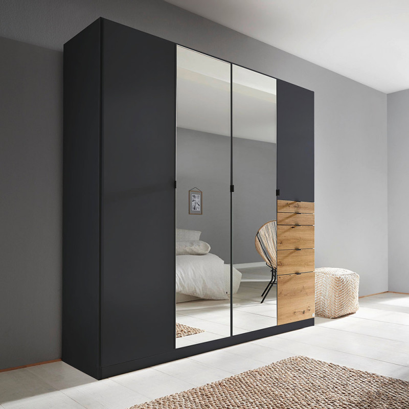 Armoire KENORA avec 4 portes, dont 2 portes miroirs, et 5 tiroirs en décor gris mat et chene artisan
