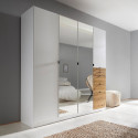 Armoire KENORA avec 4 portes, dont 2 portes miroirs, et 5 tiroirs en décor blanc mat et chene artisan