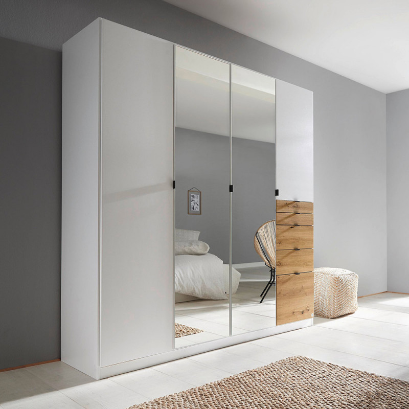 Armoire KENORA avec 4 portes, dont 2 portes miroirs, et 5 tiroirs en décor blanc mat et chene artisan