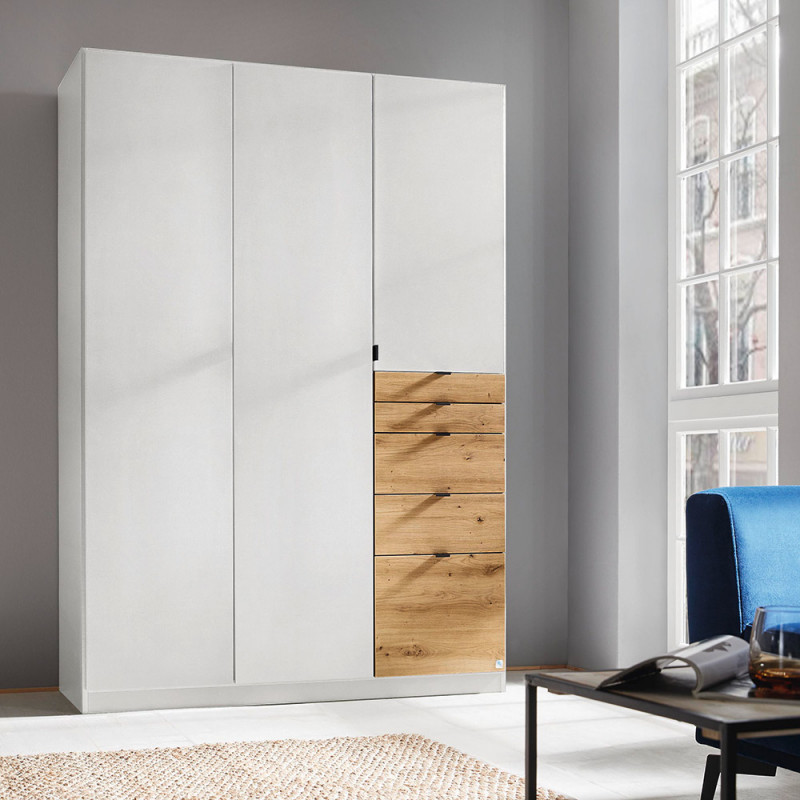 Armoire KENORA avec 3 portes et 5 tiroirs en décor blanc mat et chene artisan