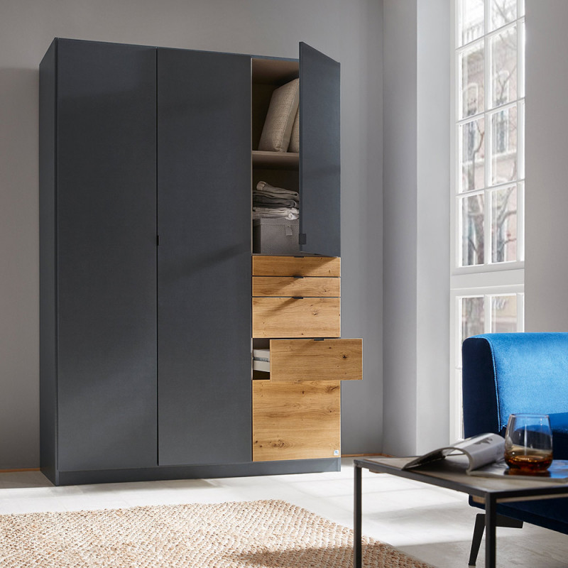 Armoire 2 Portes 3 Tiroirs Moderne – Dimensions 180x80x50 Cm, Chêne/noir/blanc/gris, Avec Penderie - 10