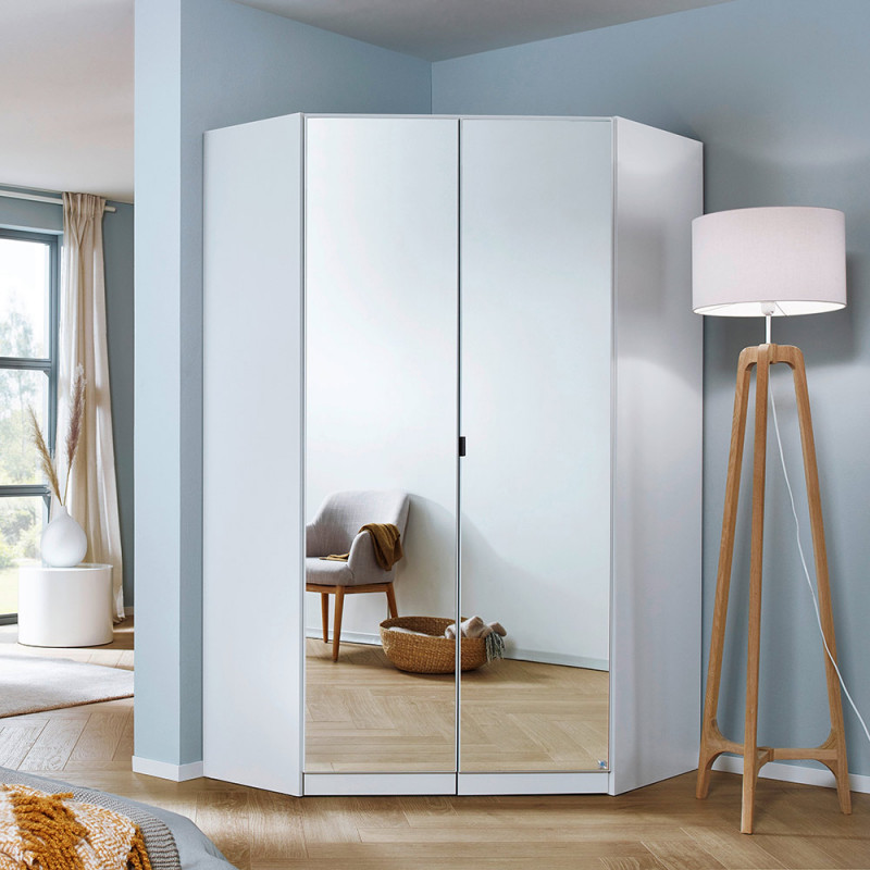 Armoire d'angle KENORA avec 2 portes miroirs en décor blanc mat