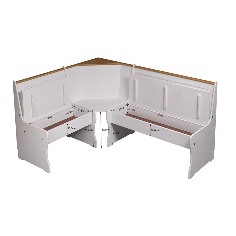 Banc D'angle En Pin Massif - Blanc Et Chêne 150x180 Cm - Avec étagère De Rangement Sous L'assise - 5
