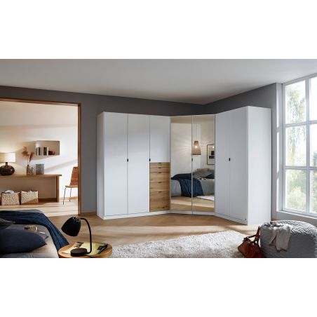 Armoire en angle KENORA en décor blanc mat et chene artisan